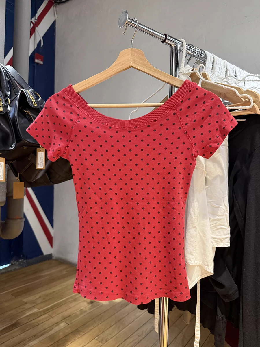 Polka Dot Red Slim T-shirt Women Sexy Skew Collar Cotton Raglan Short Sleeve Tee Shirts Vintage Streetwear Summer Tshirts Y2k