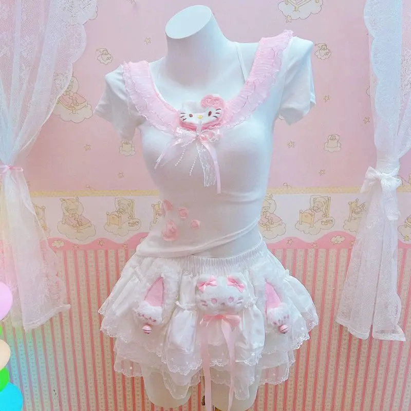 

Женские милые пышные короткие Y2k HelloKitty, украшения в стиле Лолиты, подвески, украшения, майки для милых девочек, кавайная одежда