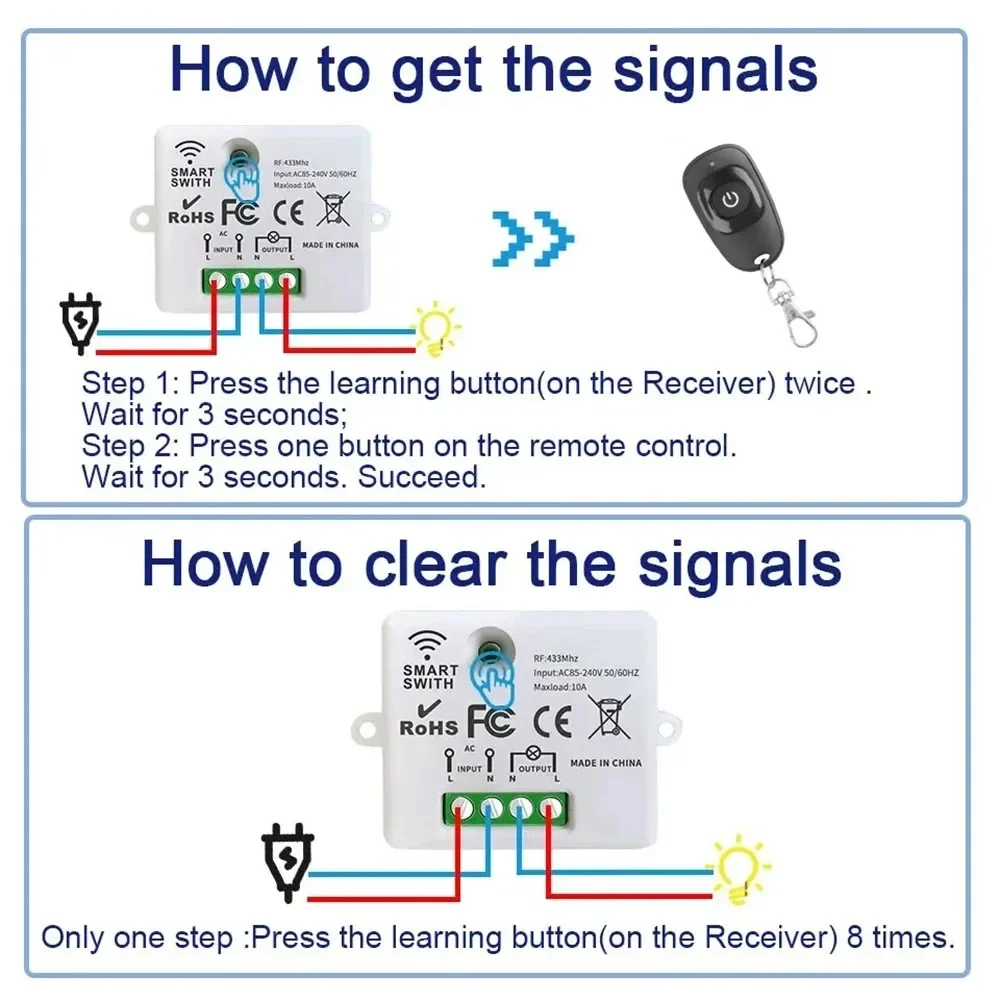 433Mhz Universal Wireless Remote Control Switch 110V 220V 240V 10A Relay Mini Receiver Remote Control For Home Led Light Lamp