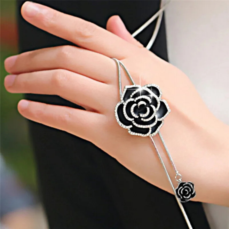 Black Rose Flower Long Pendant Necklace Sweater Chain Crystal Women Jewelry Gift