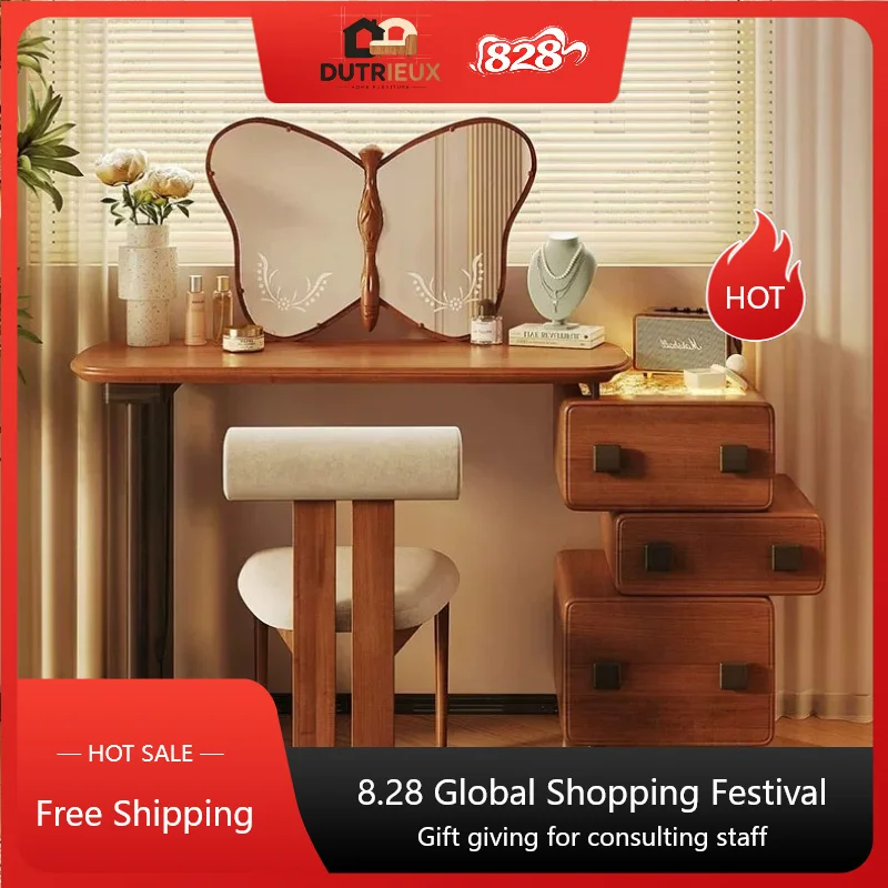 Nordic Sturdy Makeup Table Mirror Nightstand Modern Wooden Luxury Vanity Desk Hotel Bedroom Drawers Coiffeuse Chambre Furniture