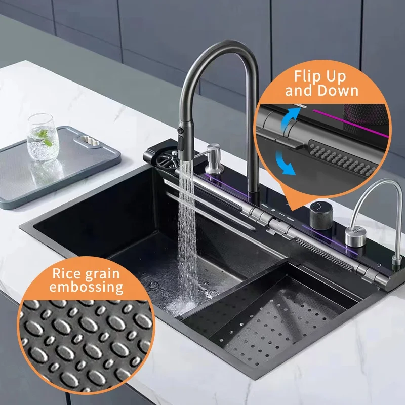 

Новый современный дизайн, кухонная мойка ручной работы из нержавеющей стали с водопадом, умная многофункциональная утолщенная раковина с одним слотом для кухни