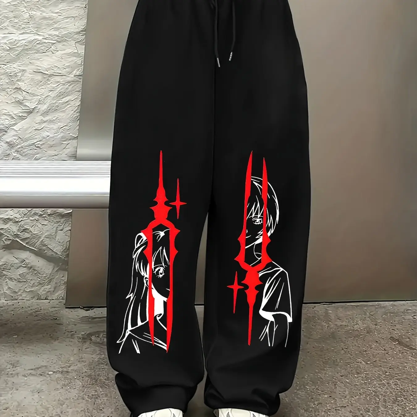 Women's wide-leg trousers featuring a red anime-style character print an elastic drawstring waist and suitable for all seasons