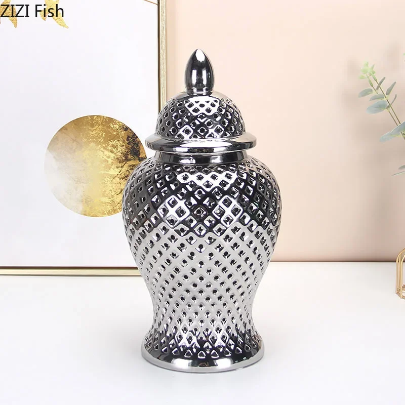 

Minimalist Silver Hollowed General Jar Ginger Jars Ceramic Storage Tank Cosmetic Containers Artificial Flower Floral Vase