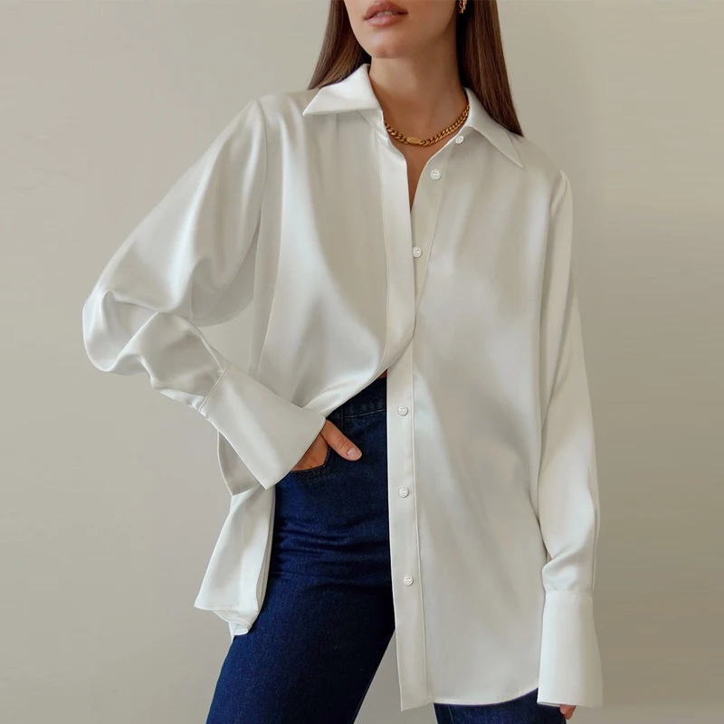 

Elegant Fashion Turn Down Collar Satin Shirt Women Autumn New Office Lady White Long Sleeve Blouse Tops Loose Clothes 28697