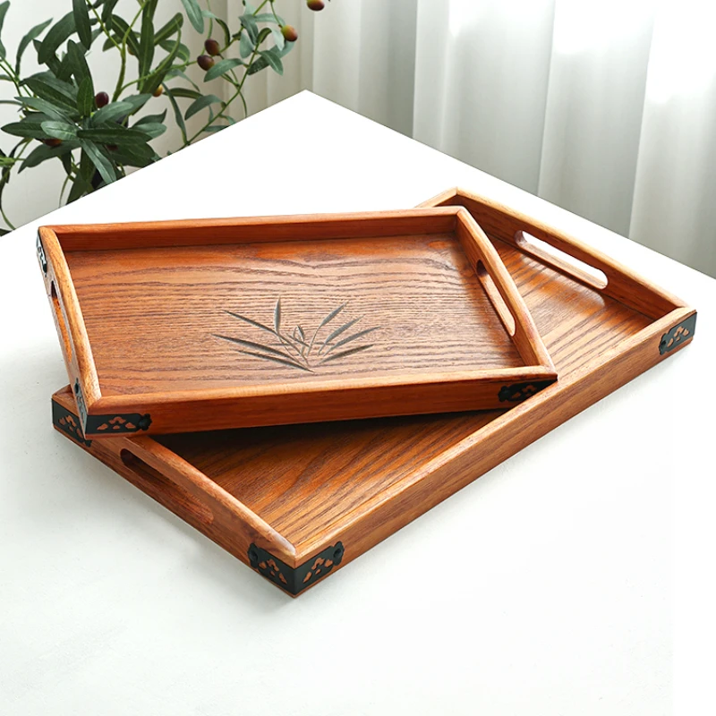 

Orchid Tea Colour Wooden Tray Rectangular Chinese Solid Wooden Tea Tray Household Cup Tray Vintage Kitchen Storage Tray