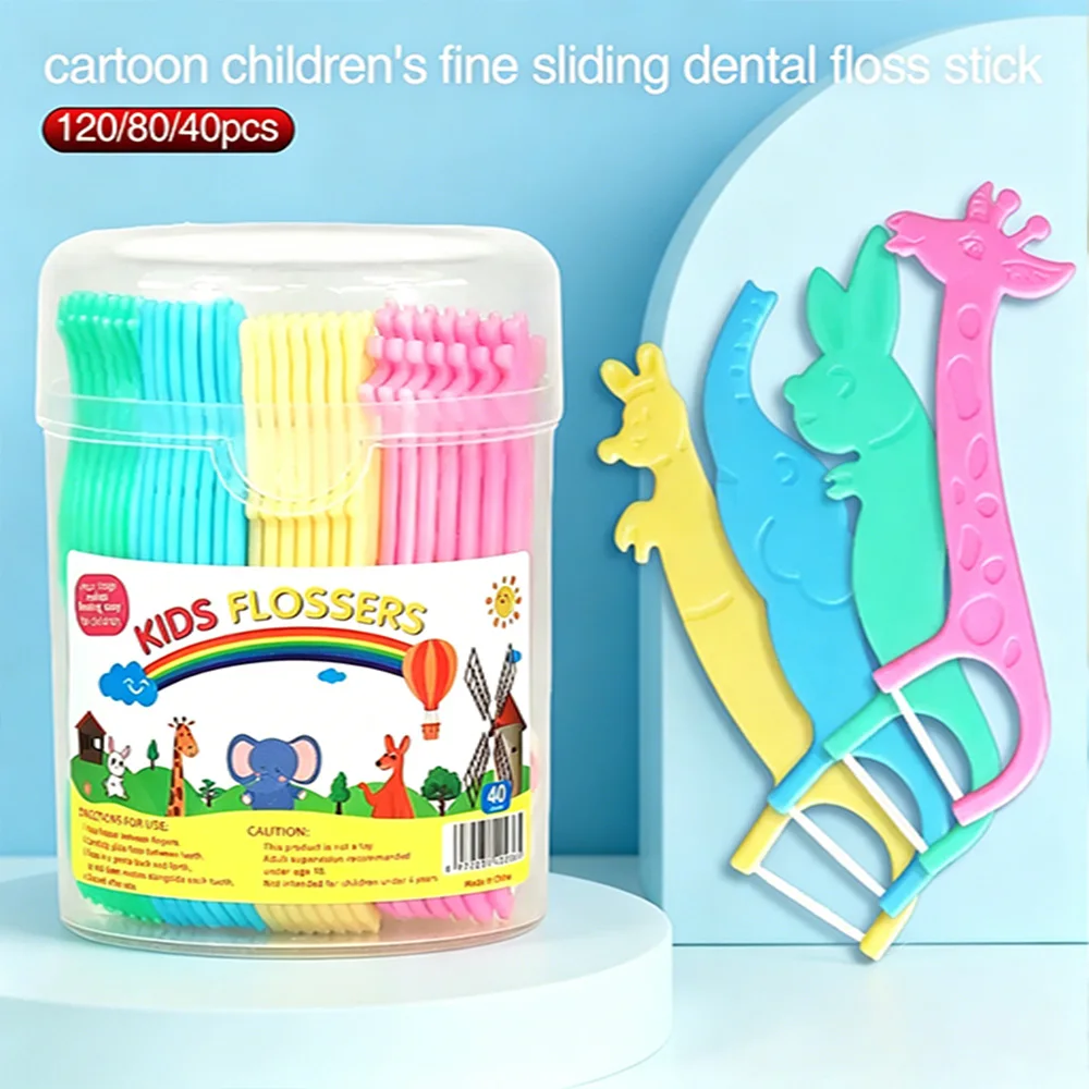 Fio Dental Infantil em Formato de Animais 120/80/40 Unidades, Palitos de Fio Dental de Alta Resistência e Suavidade, Limpador Interdental Descartável, Ferramenta de Higiene Bucal