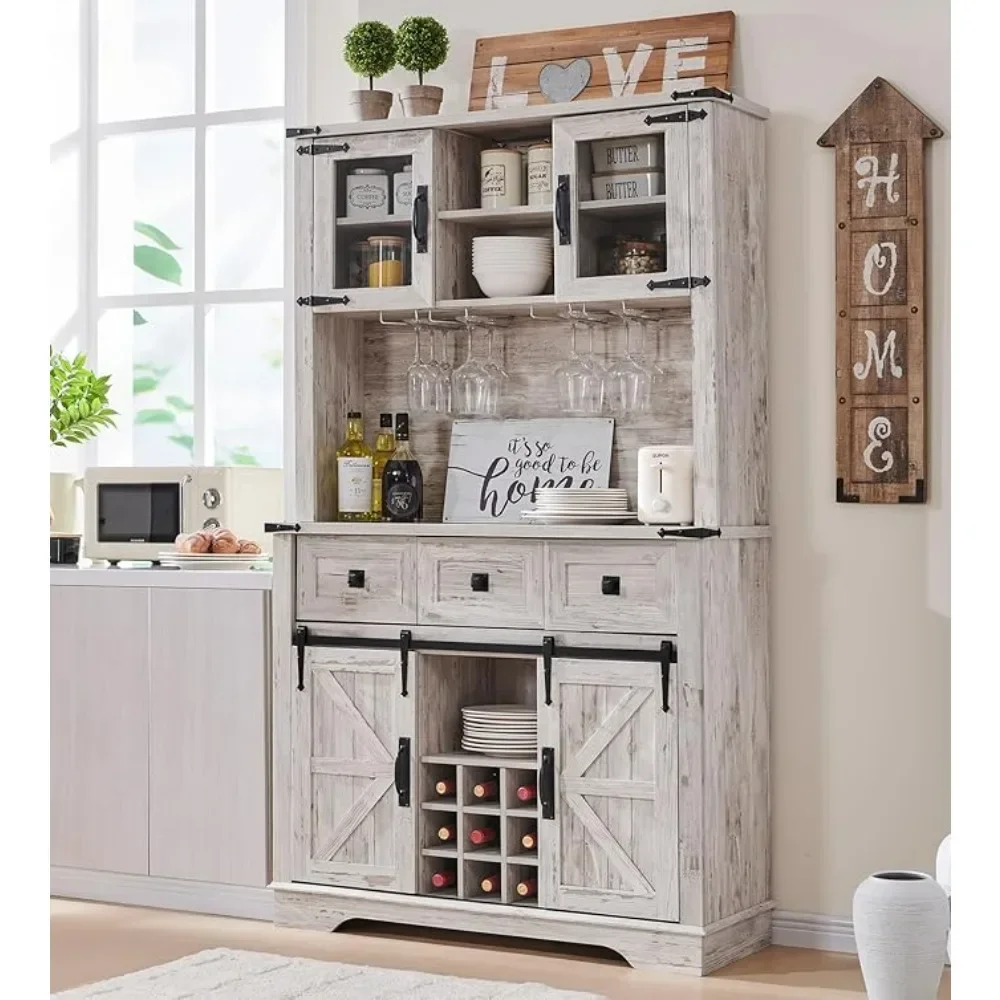 Farmhosue Bar Cabinet with Sliding Barn Door, Large Kitchen Buffet with Hutch w/Wine & Glasses Rack