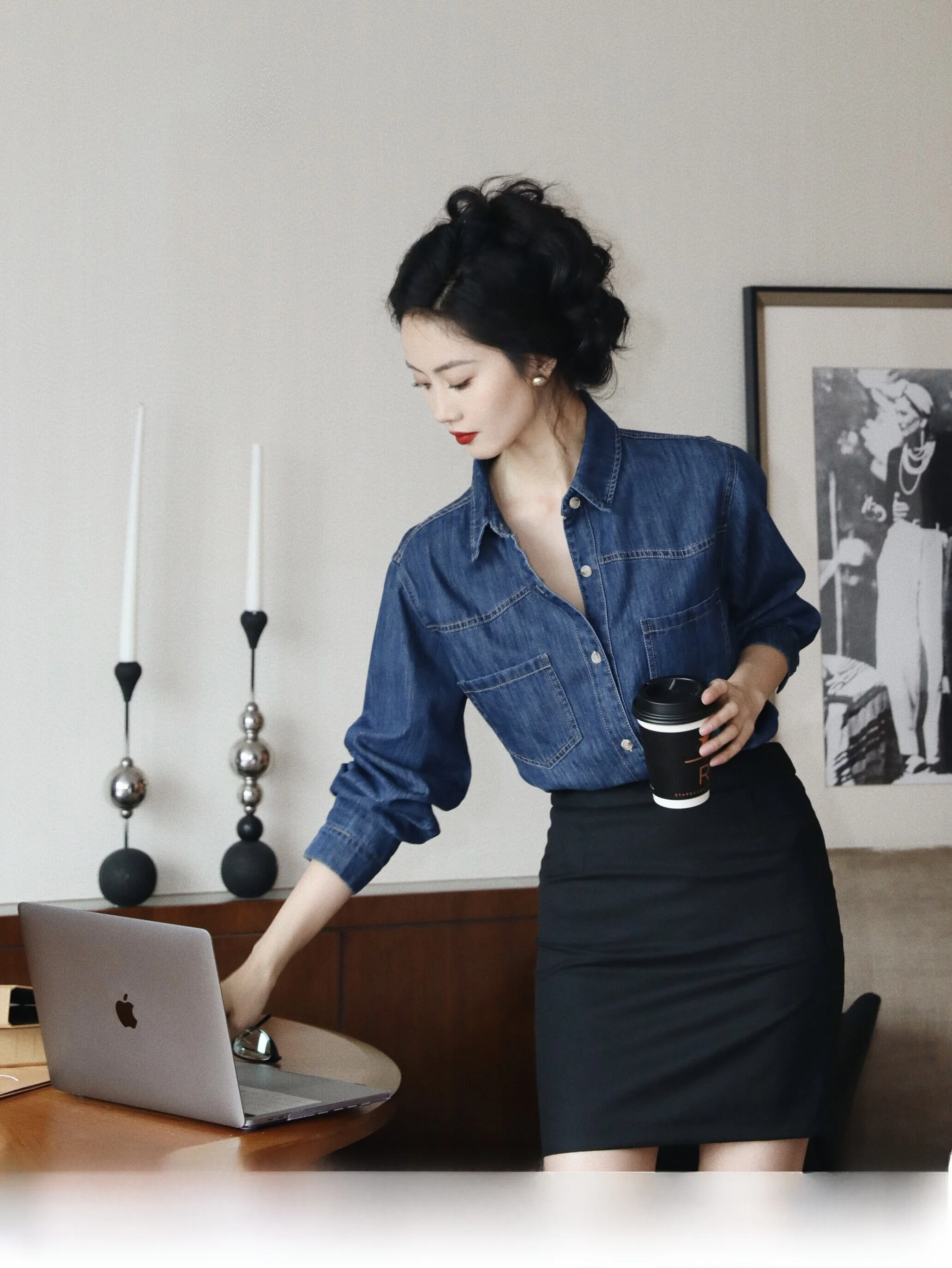 

TAIYANG Retro Denim irt Women's Jaet Spring High-End Hong Kong Sle Commute Aosphere irt Top Cotton Long Sve