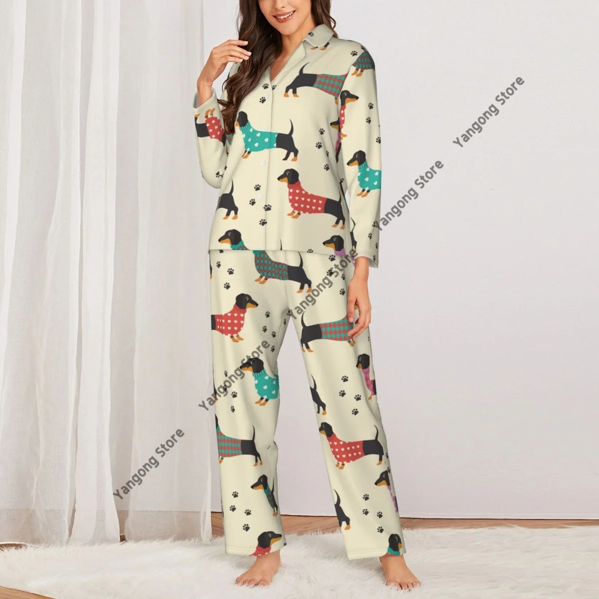 Women Sleepwear Loungewear Dachshunds In Clothes And Dog Prints Long Sleeve Lapel Neck Shirt and Elastic Waist Pants Pajamas Set