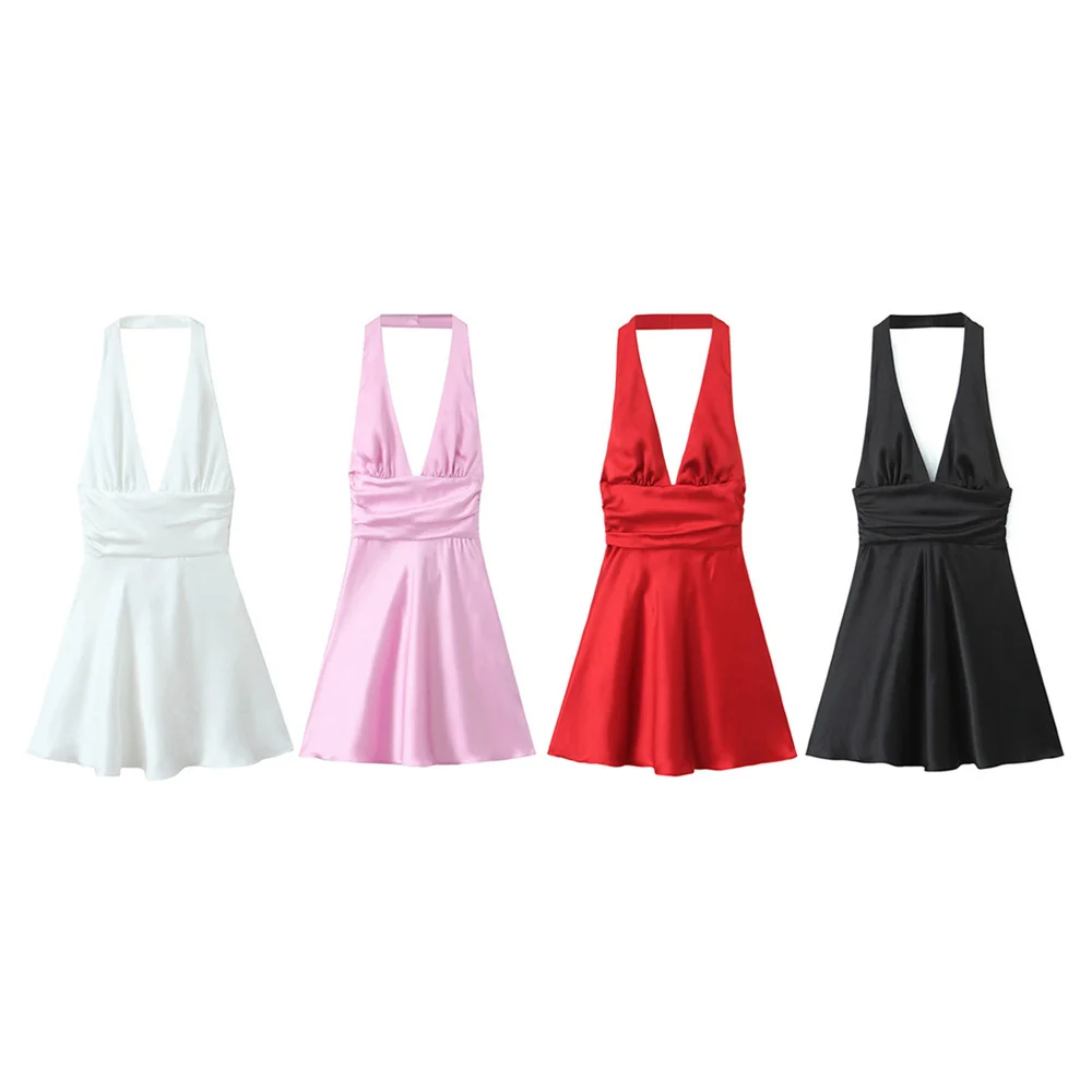 فستان بحمالات من الساتان أحادي اللون للنساء ، على الطراز الأوروبي والأمريكيين ، عصري وغير رسمي ، مزاجه ، جديد ، الصيف #3