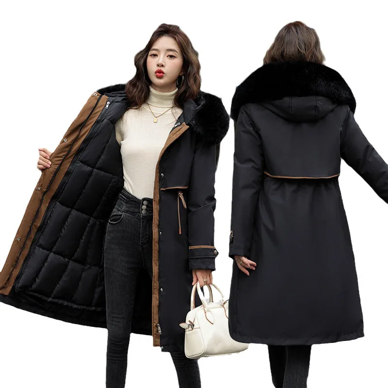 Korean Cotton Lined Winter Parkas Women Faux Fur Collar Hooded Jackets 2023 Warm Cotton Padded Coat Outerwear Female Windbreaker