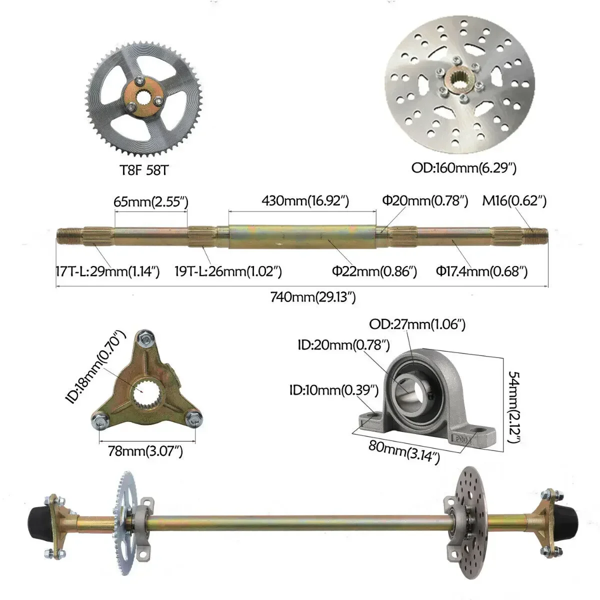 TDPRO 740mm Go Kart Rear Axle Kit 6