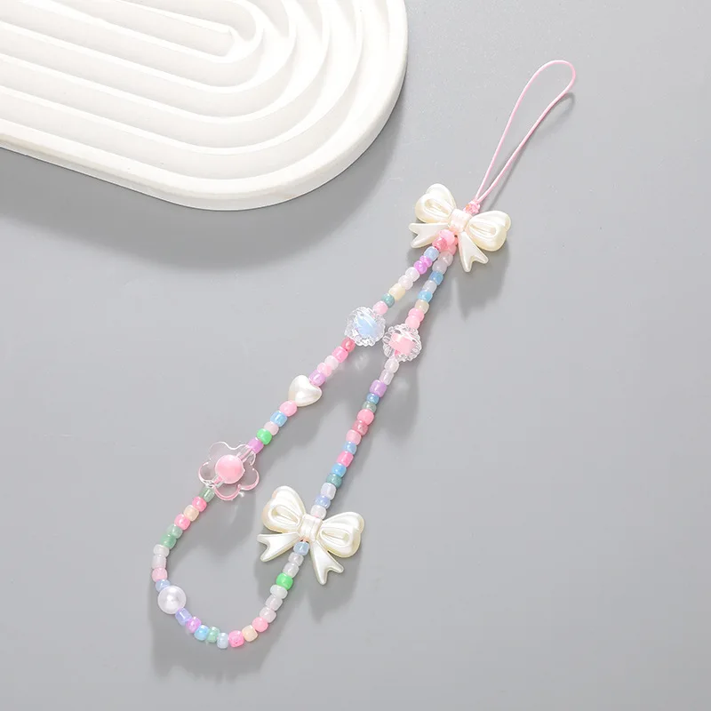 Creative Crystal Bowknot Pearl Beaded Mobile Phone Straps for Women Phone Case Key Chain Bag Pendant Decoration Accessories