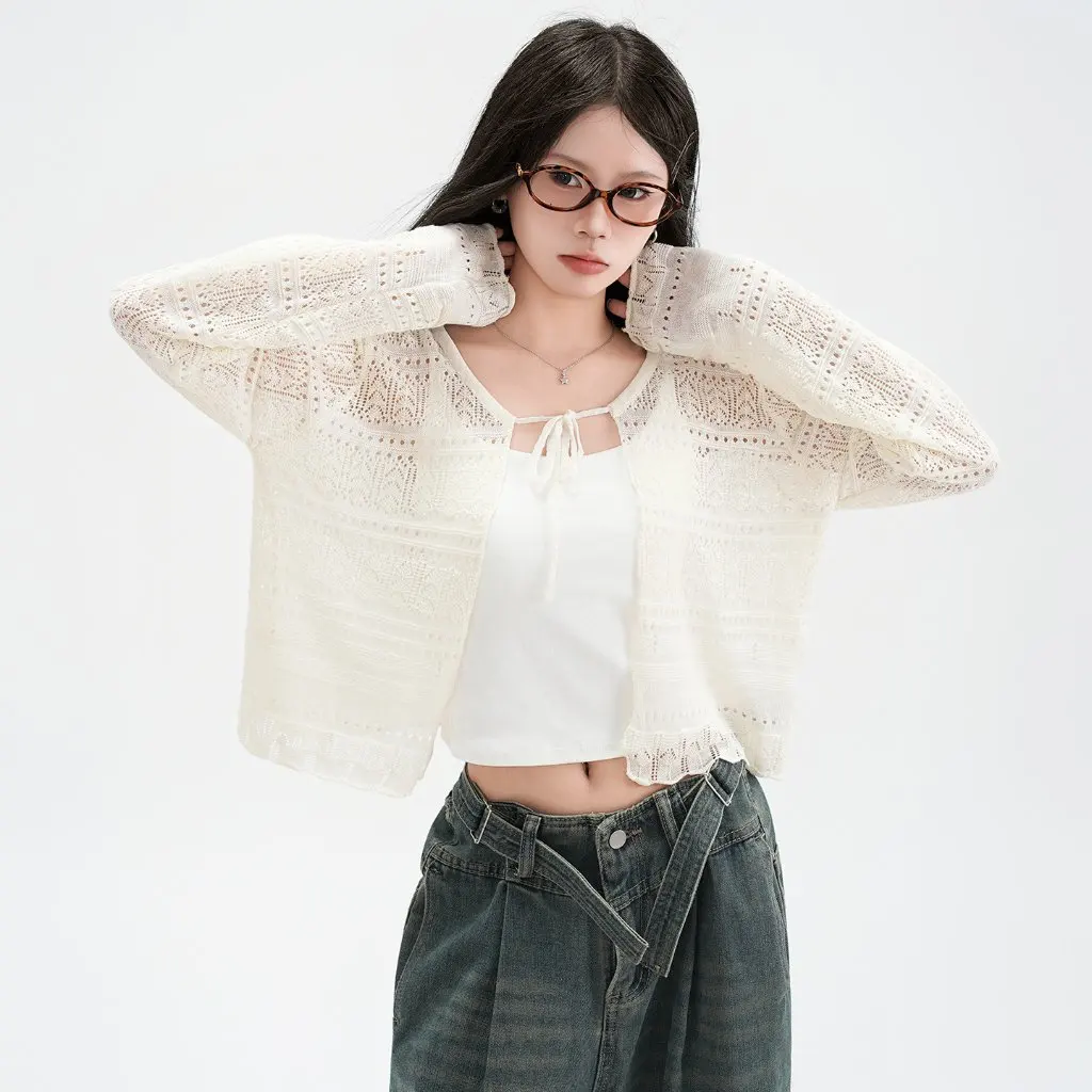 

Jiyou женский льняной вязаный кардиган с длинными рукавами на шнуровке, солнцезащитная шаль, блузка, топ с вырезами, тонкая летняя верхняя одежда