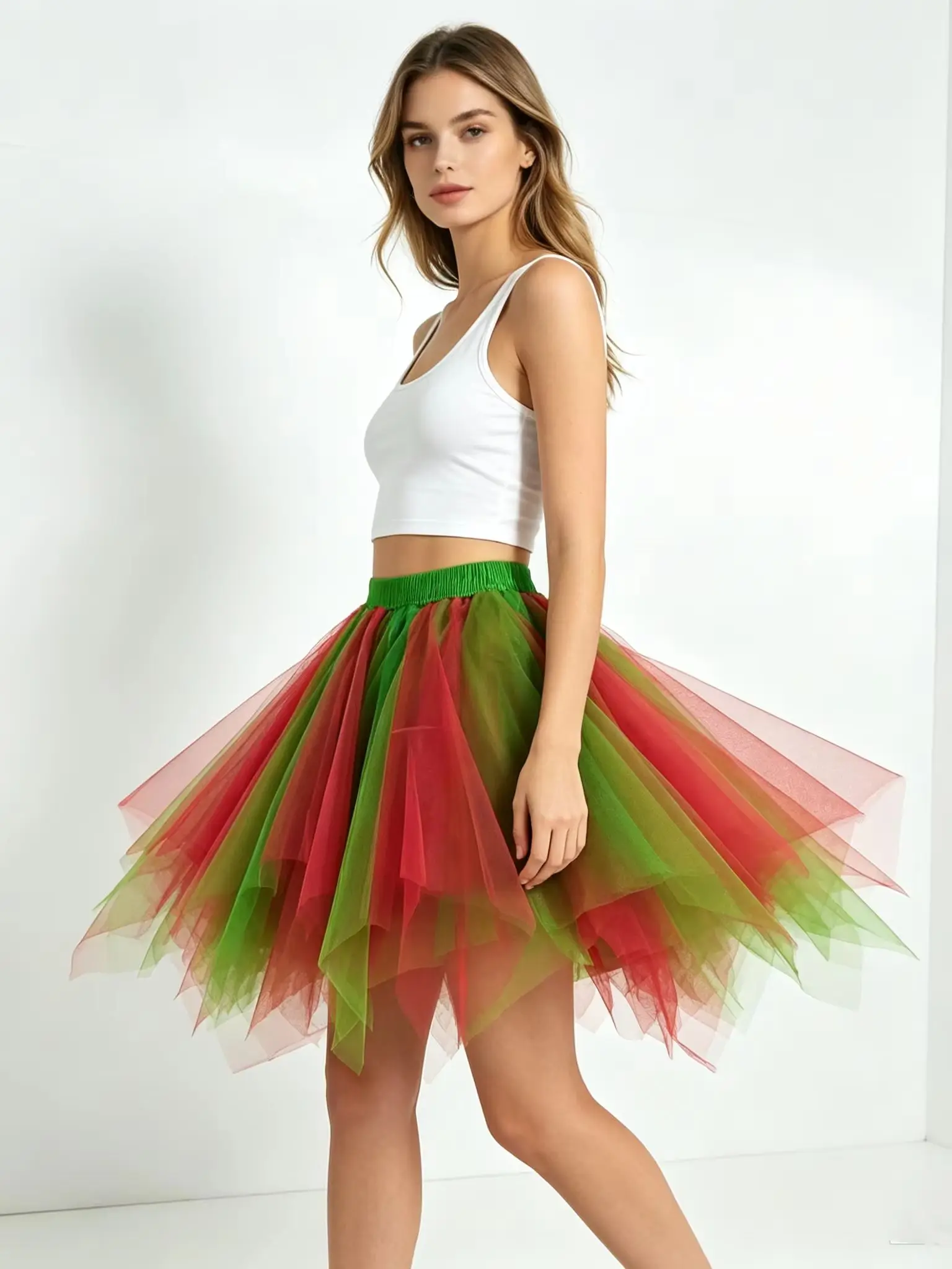 Unregelmäßiger Tüll-Tutu-Rock für Erwachsene, Rot-Grün Gemischte Farbe, Kurzer Rock, Halloween-Weihnachtsfeier-Cosplay-Kostüm – Detail 1