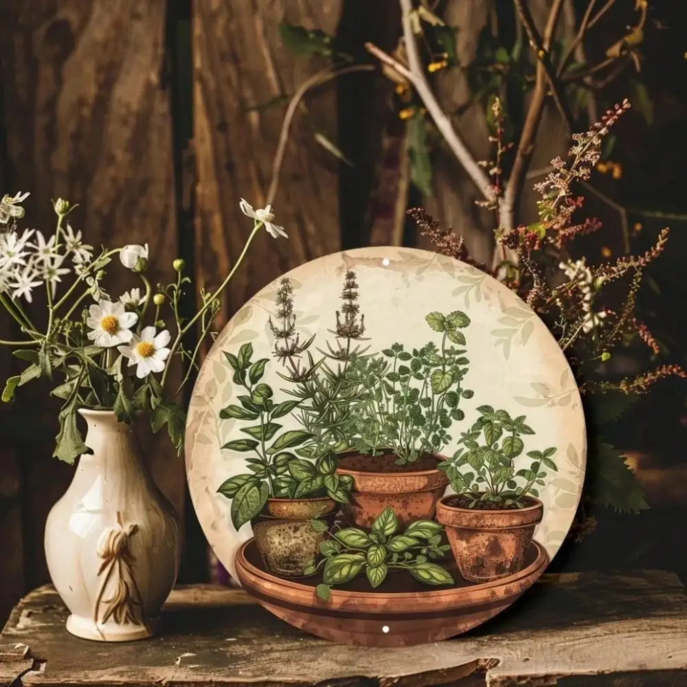 Vintage Metal Wall Sign, Herb Garden Decor with Rustic Cutout for Patio Porch Indoor Outdoor