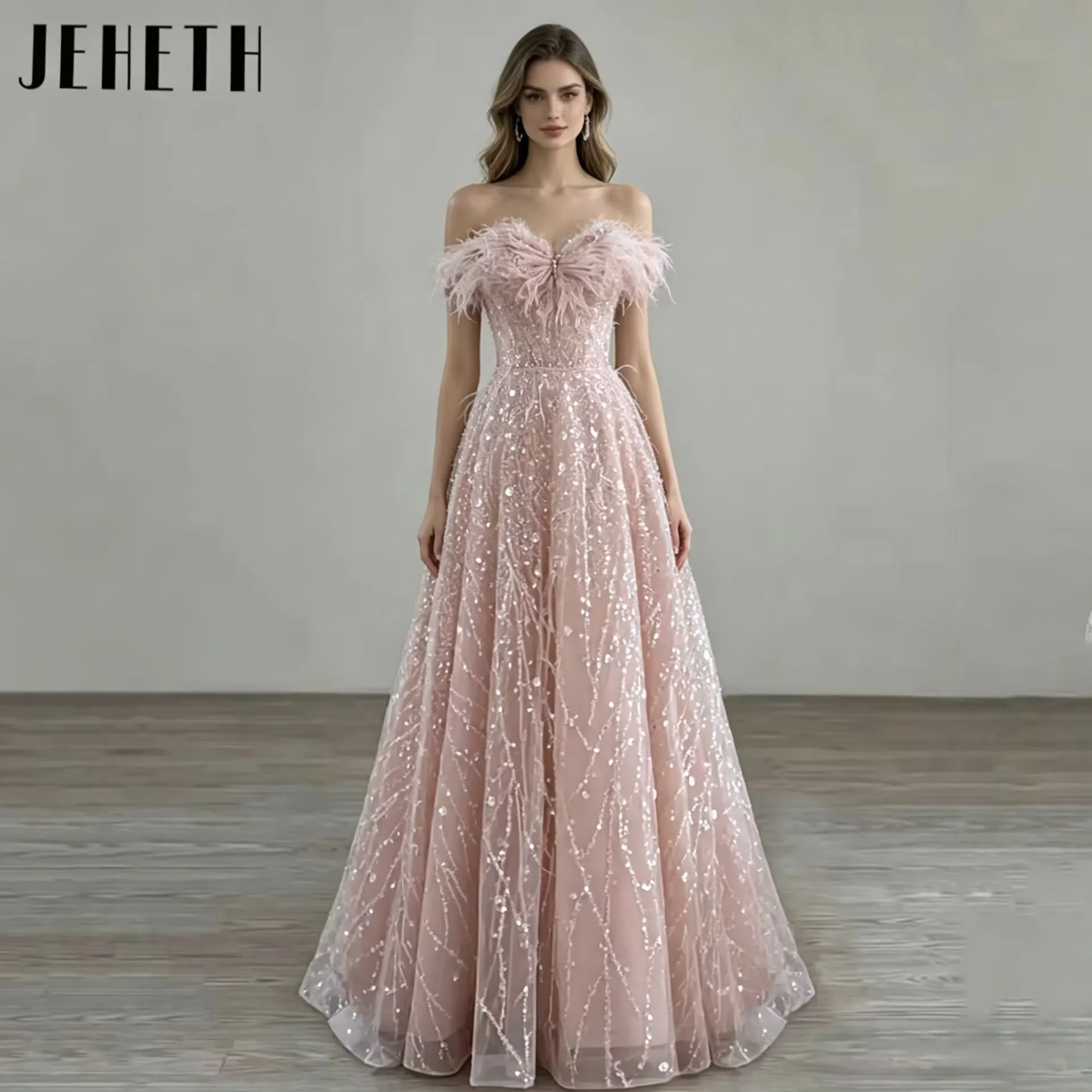 

Luxury Dirty Pink Exquisite Sparking Feathers Off the Shoulder Evening Dress A-Line فساتين سهره فاخره 2026 Party Prom Gown v