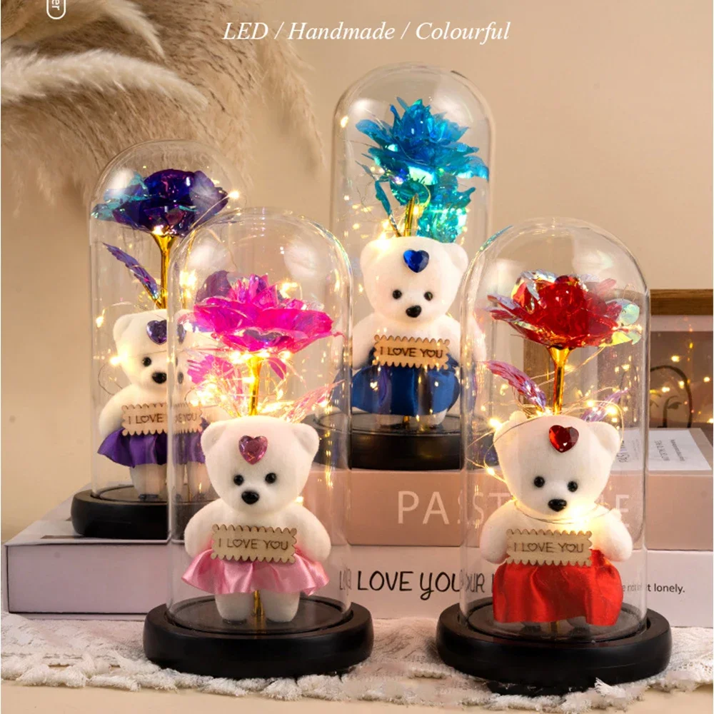 

Led String Light Up Eternal Artificial Flowers Cuted Little Bear in Glass Dome Decorate Room Gift For Valentines Day Aniversary