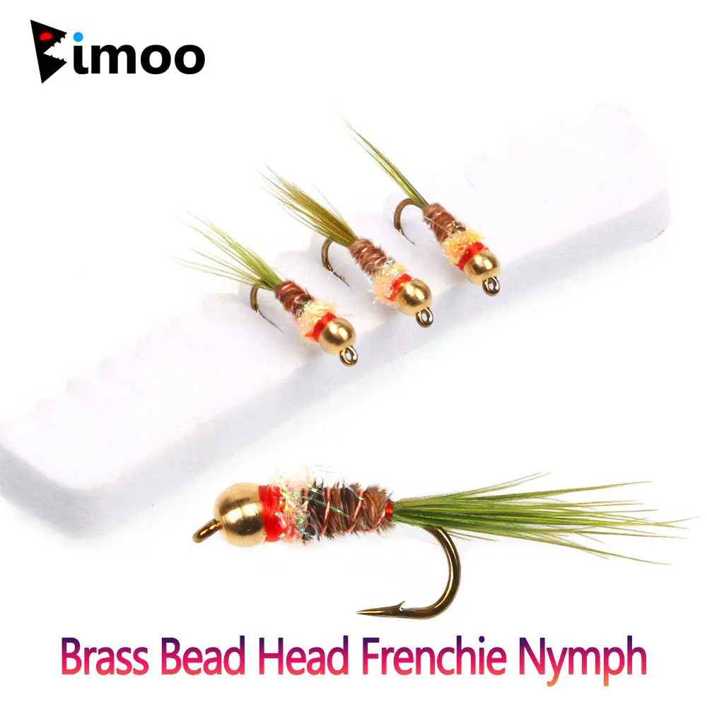 Bimoo 8PCS #16 Brass Bead Head Frenchie Nymph Fly Pheasant Tail Feather Barbed Wet Fly Euro Nymphs For Trout Fishing Lures Baits