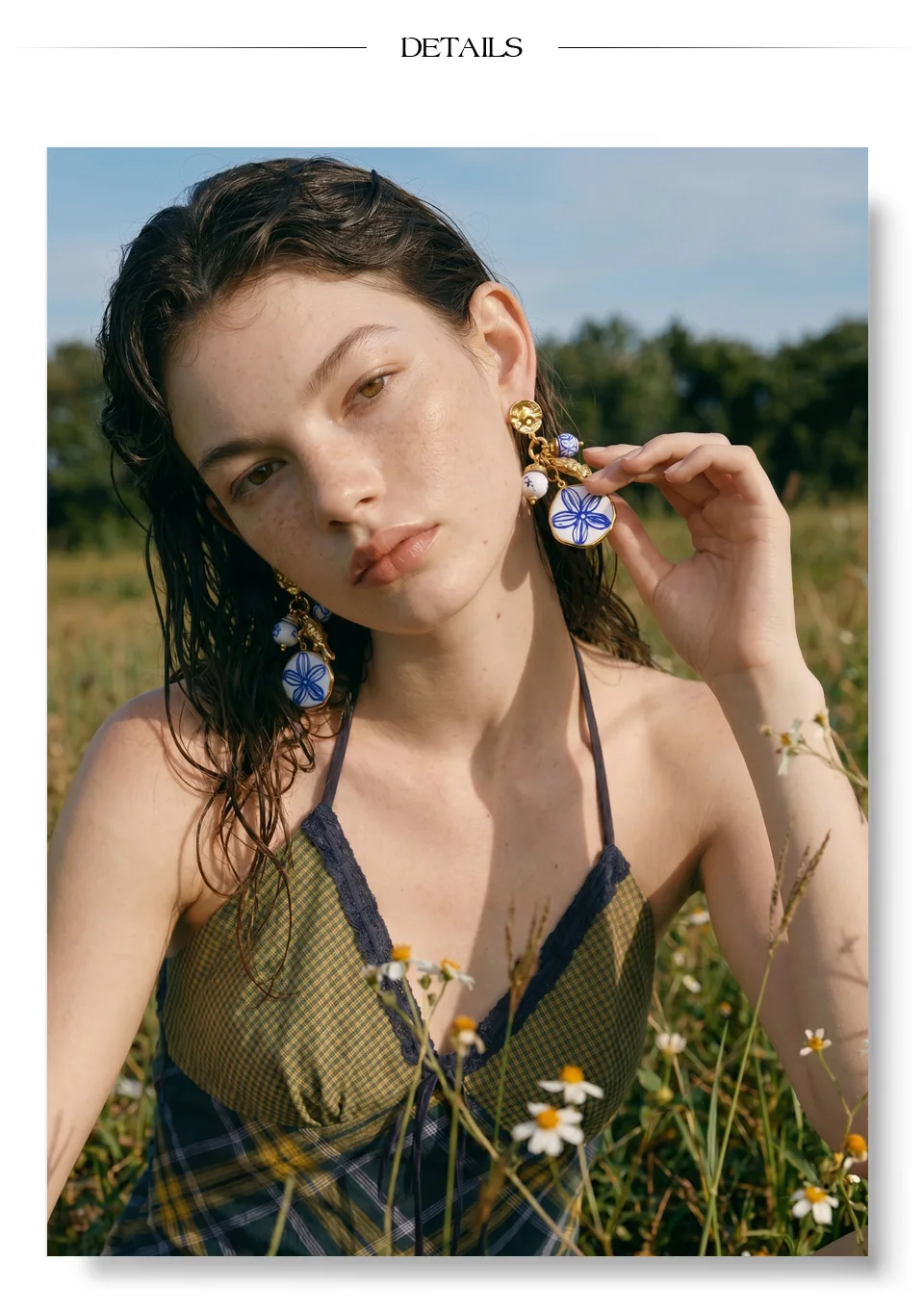 Yhpup Exklusiver Stil Edelstahl-Keramikperlen-Blumen-Tropfen-Ohrringe Allergievorbeugend Sommer Goldener Ästhetischer Schmuck – Detail 5