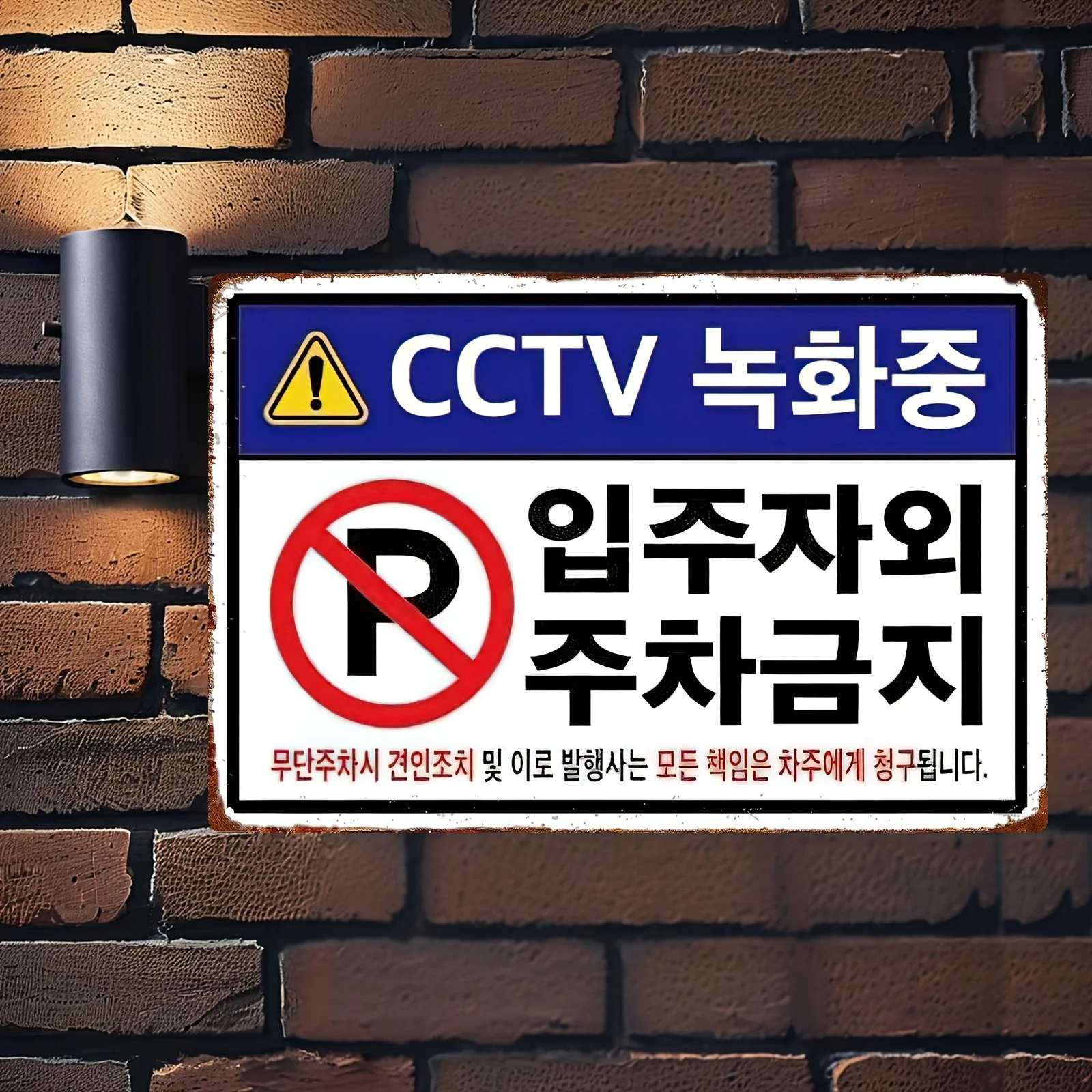 Korean No Parking Sign with CCTV Warning - Multi-Language Metal Wall Hanging, , Durable Retro Style for Home, Clubs,