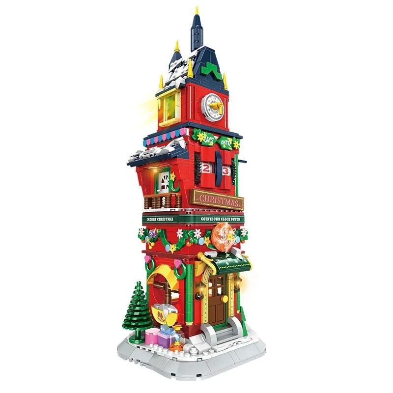 2023 City Creativity Winter Village Christmas Eve Count Down Tower Model Building Blocks Bricks Kids Toys Christmas Gift