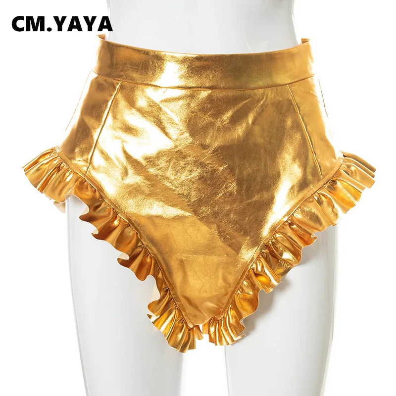CM.YAYA Women Shorts Solid Ruffles Glossy Mid Waist Mini Shorts