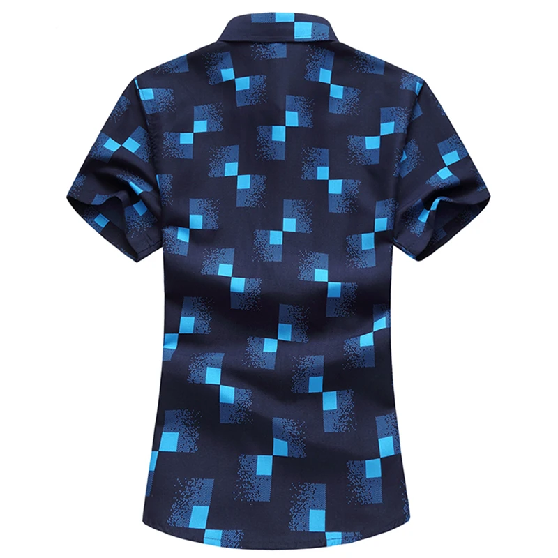 Summer Men\'s Geometric Plaid Printed Hawaiian Vacation Short Sleeve Shirts Camisa Masculina Male Brand Casual Shirt 5XL 6XL 7XL