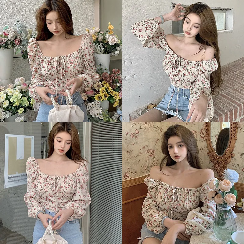 Women Floral Blouses Slim Print Lantern Sleeve Elegant Chiffon Shirts Ladies Sweet Square Neck Shirt Blouses Holiday Clothes