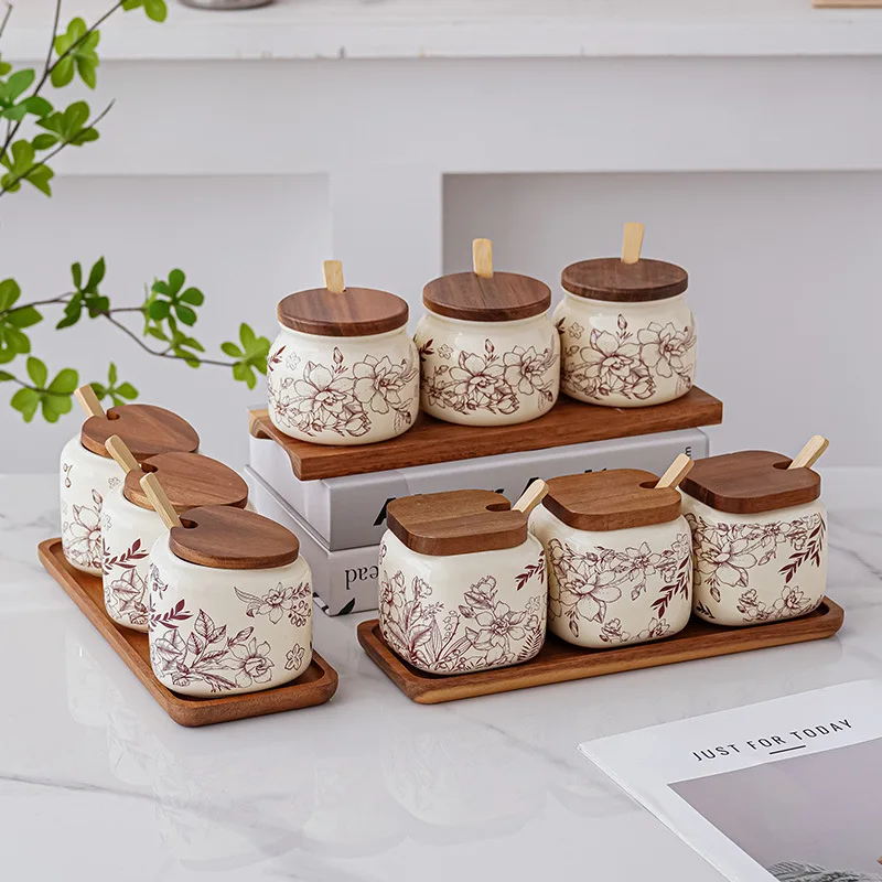 Vintage Oriental Ceramic Spice Storage Pots Complete Set With Wooden Serving Tray Household Cooking Use