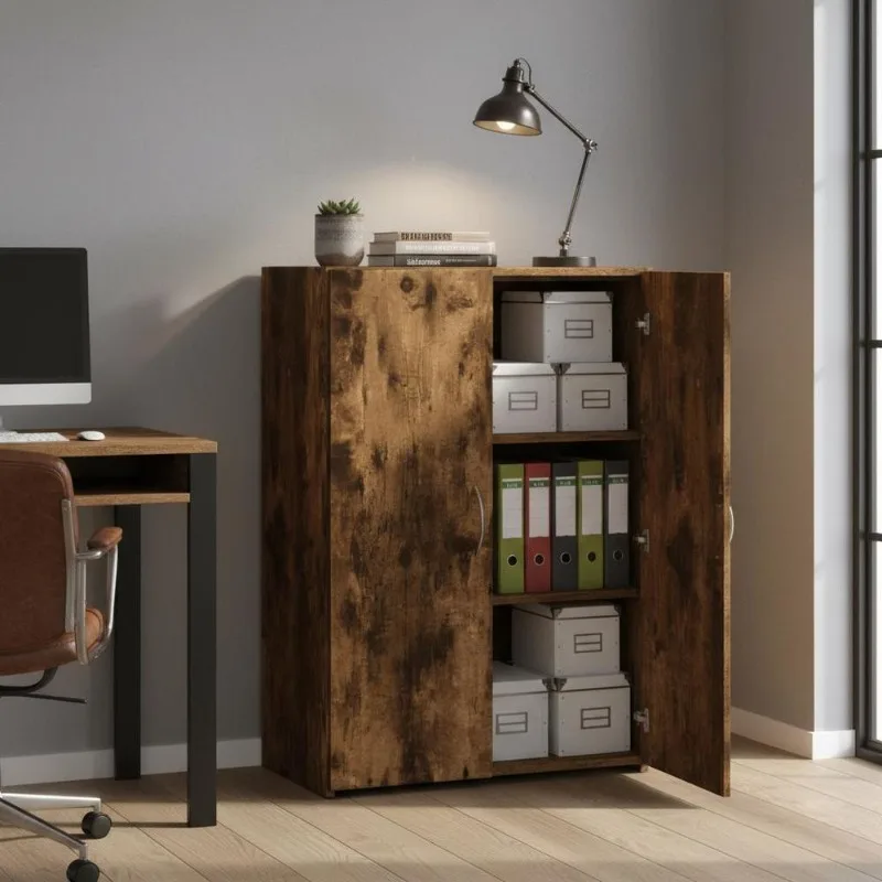 Classeur de classement en bois d'ingénierie chêne fumé 60 x 32 x 77,5 cm couleur marron avec porte et étagères intérieures pour l'organisation des dossiers bureau studio appartement décoration intérieure