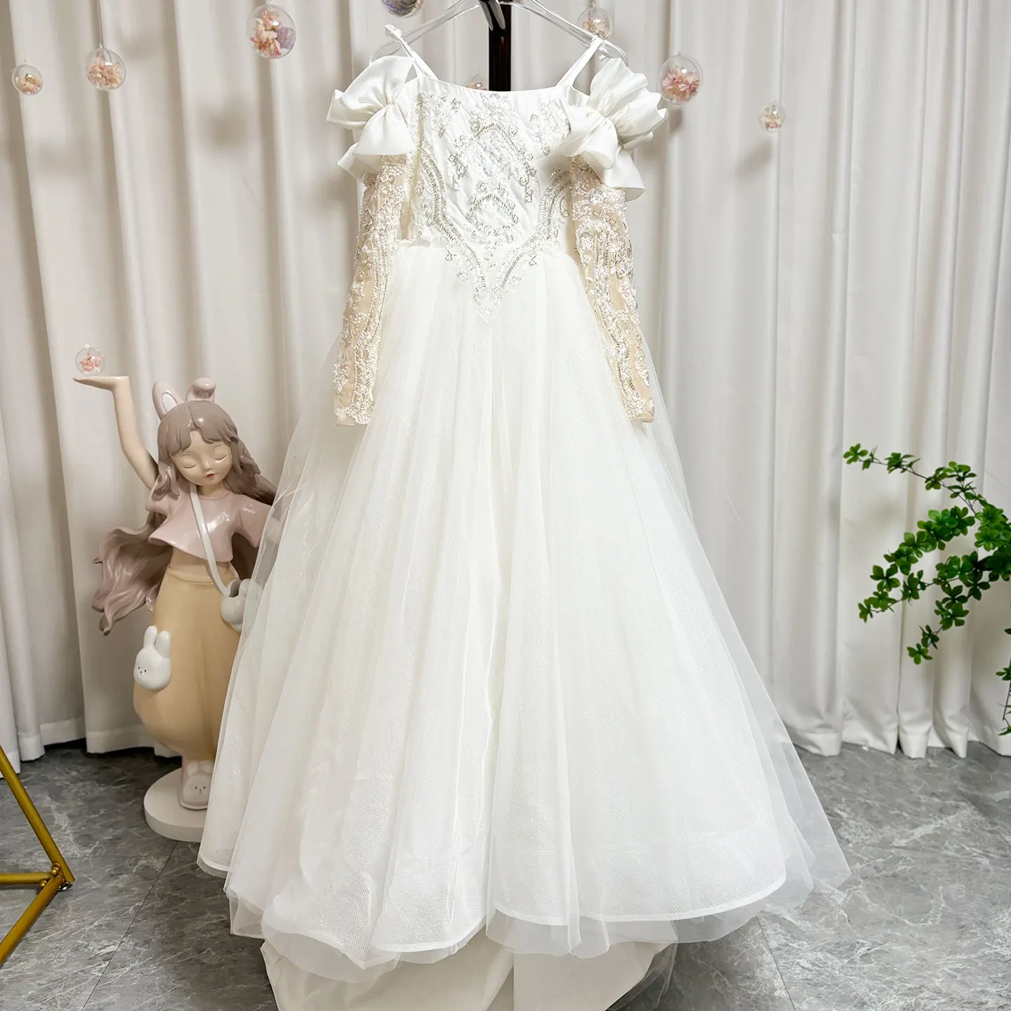 Jill Wish Luxury White Flower Girl Dress Beading Elegant Princess Kids Wedding Birthday First Communion Party Gown 2024 J270