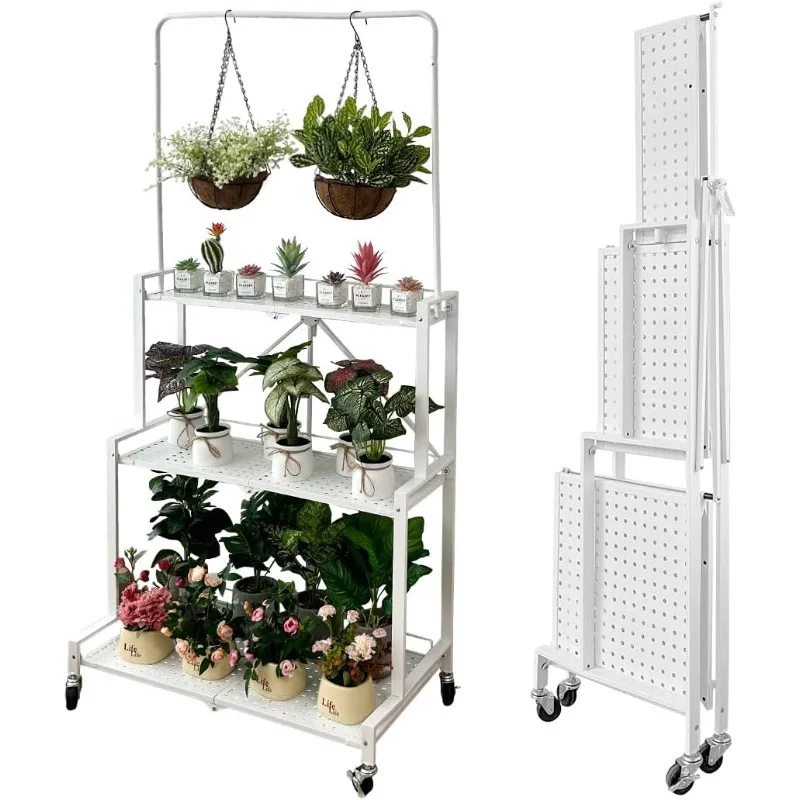 Foldable 4-Tier Plant Stand Indoor Outdoor Hanging Plant Shelf No Assembly Required Pot Placement Area With Wheels Sturdy