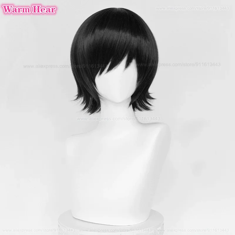 Cabelo preto fofo em camadas com máscara para os olhos, peruca cosplay himeno, curta anime, resistente ao calor, perucas de festa, boné, 35cm