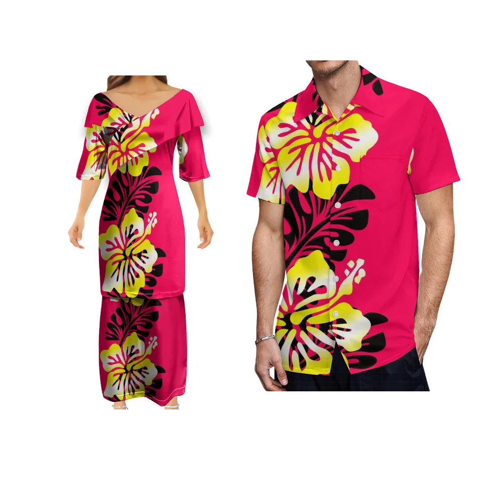 

2024 New Trend Men'S And Women'S Suit Vintage Polynesian Art Print Custom Women'S Puletasi Dress Men'S Pocket Shirt Summer Suit