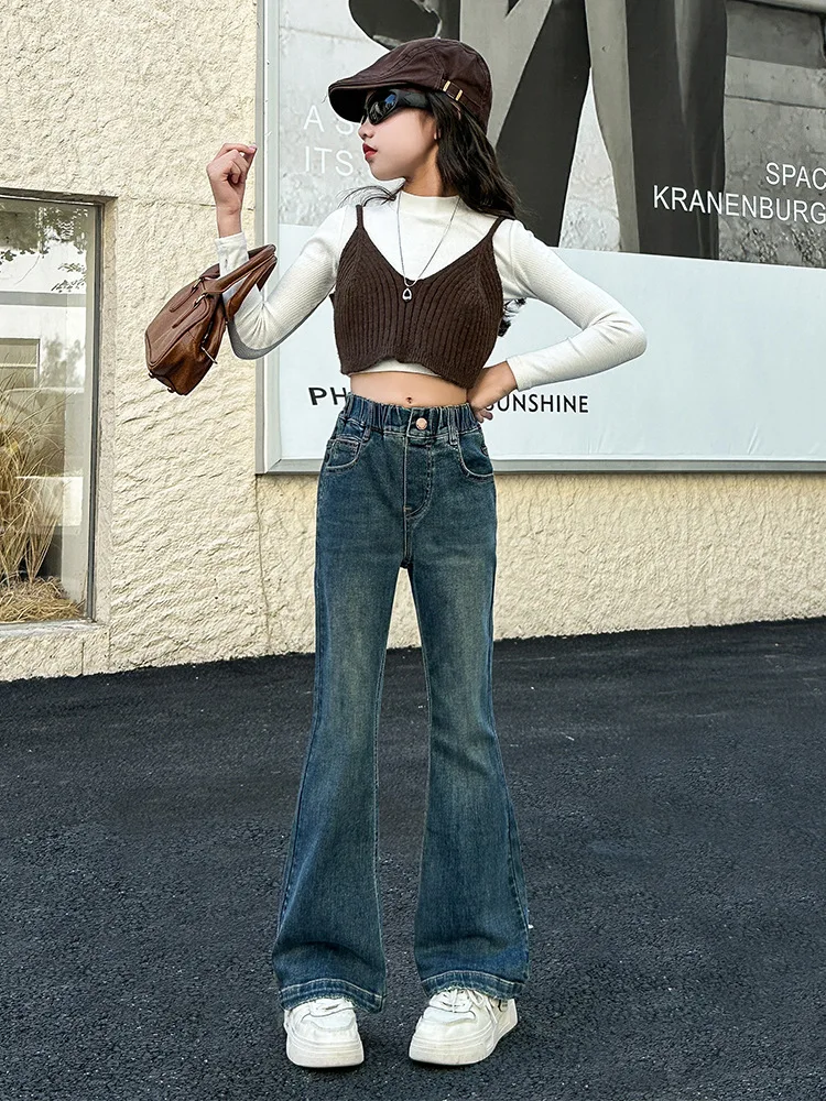 Girls' Autumn Pants, New Slimming Retro Design Flared Jeans, Adolescent Jeans, Children's Pants.