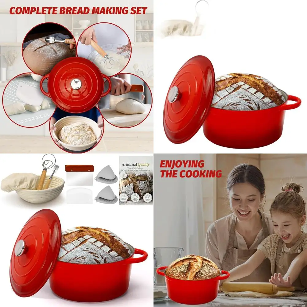 

Enameled Cast Iron Bread Oven with Proofing Basket - Heavy-Duty Cookware for Baking, Braising, Stews, and Roasting (Red)
