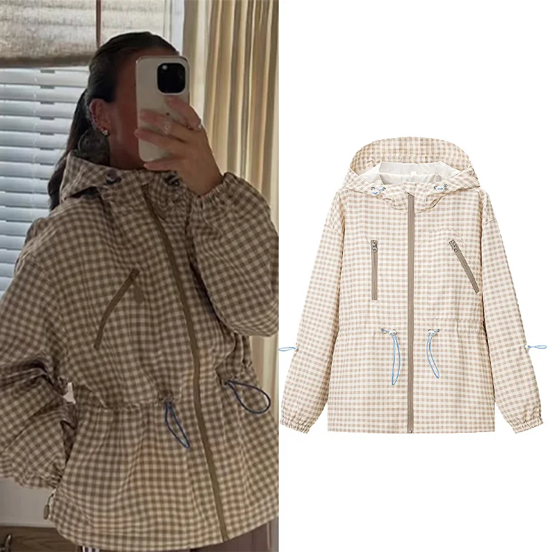 

Women's Check Jacket New 2026 Spring Fashion Long Sleeve Women Hooded Coats with Drawstring Versatile Female Outerwear