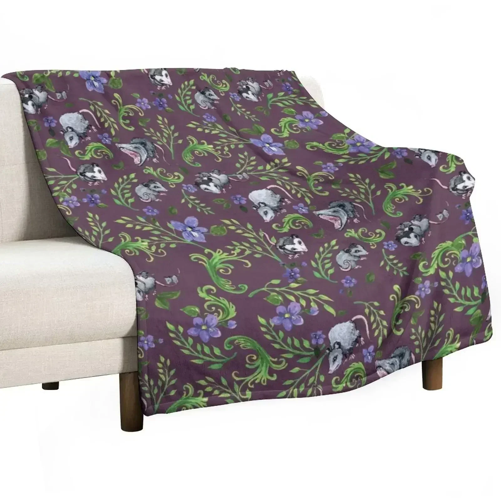 

Opossum, Fern, & Violet Print Throw Blanket Camping Furry Blankets