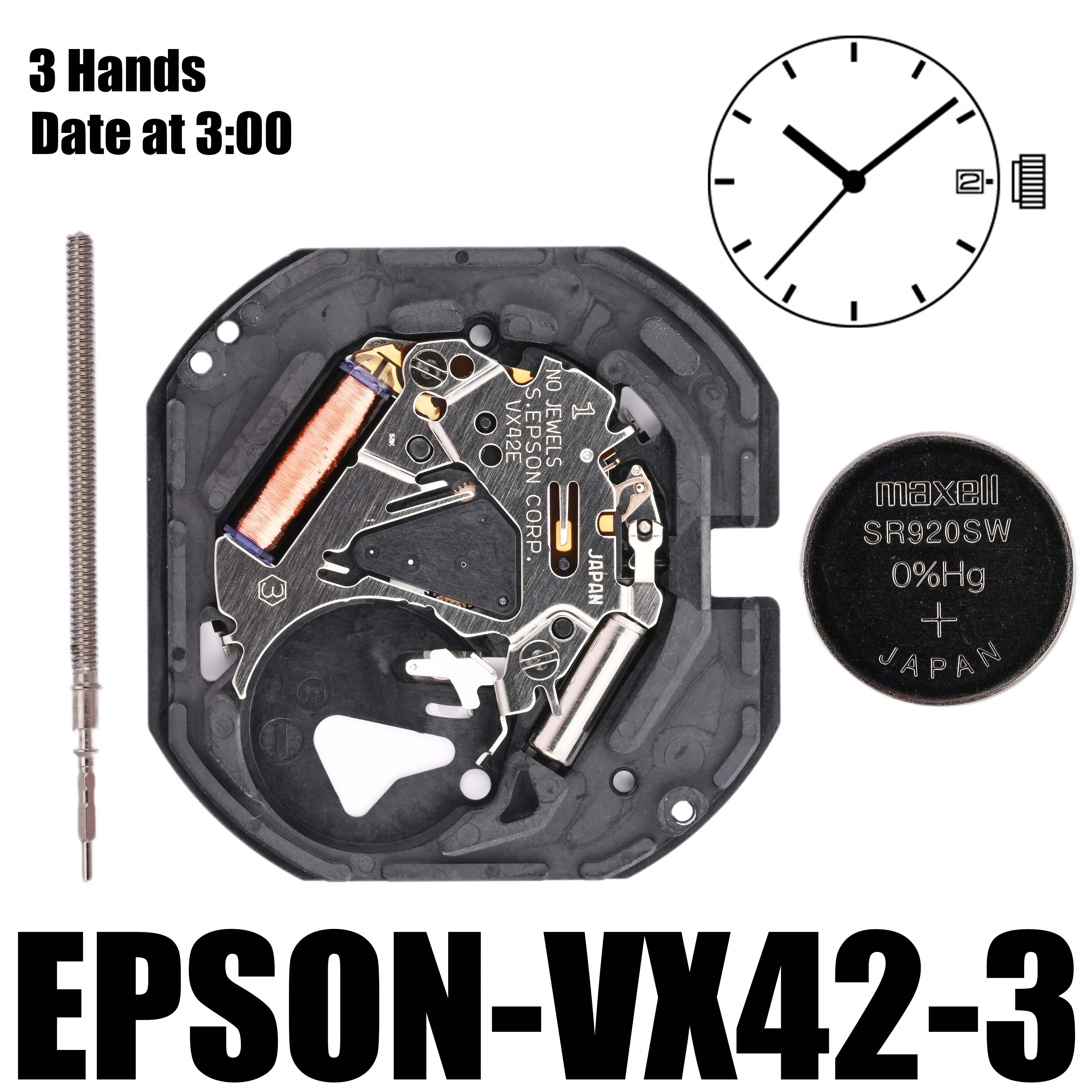 VX42 Movement Epson VX42E Movement 3 Hands Date at 3:00/6:00 Size : 11 1/2\'\'\' Height: 2.62mm Battery Life: 3 years