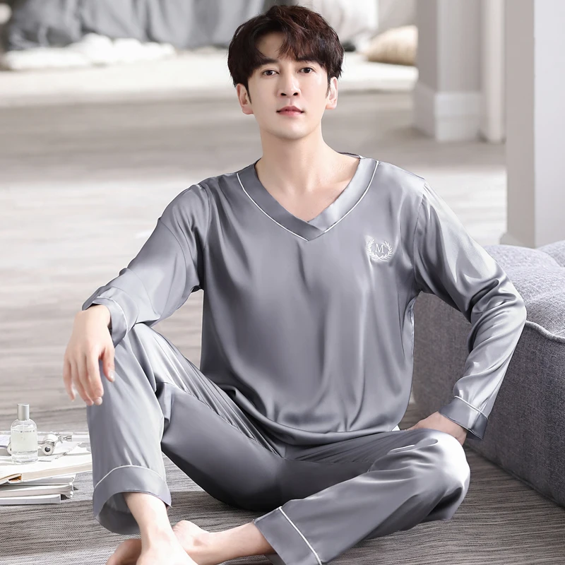 Men Pajamas Sets Silk Satin Pijamas Hombre V Collar Sleepwear Long Sleeve Spring Nightwear Male 2 Pieces Sets Homewear