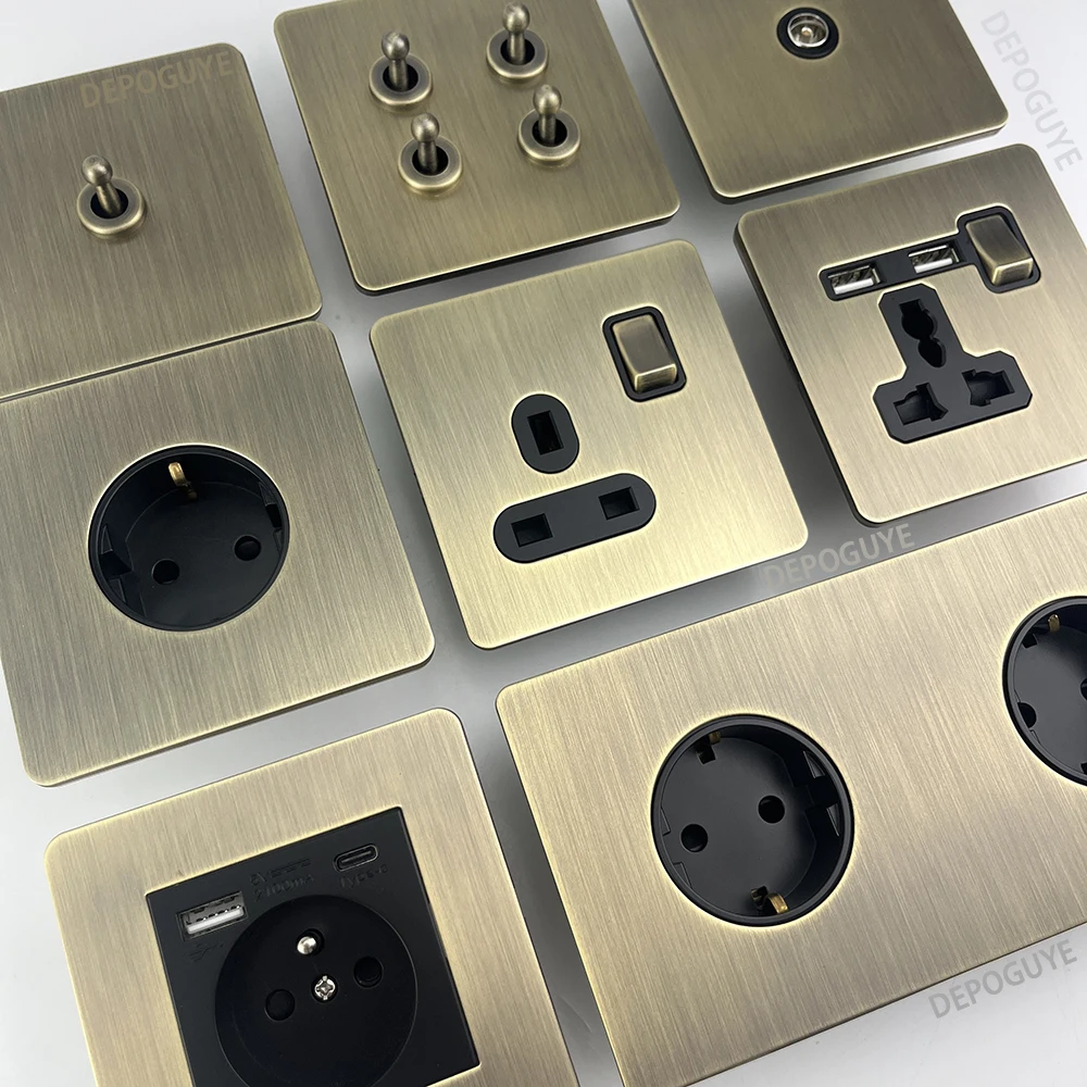 Retro Metal Brushed Antique Stainless Steel Push Button Switch Panel UK 13A Socket with USB Phone Charging for Home Improvement
