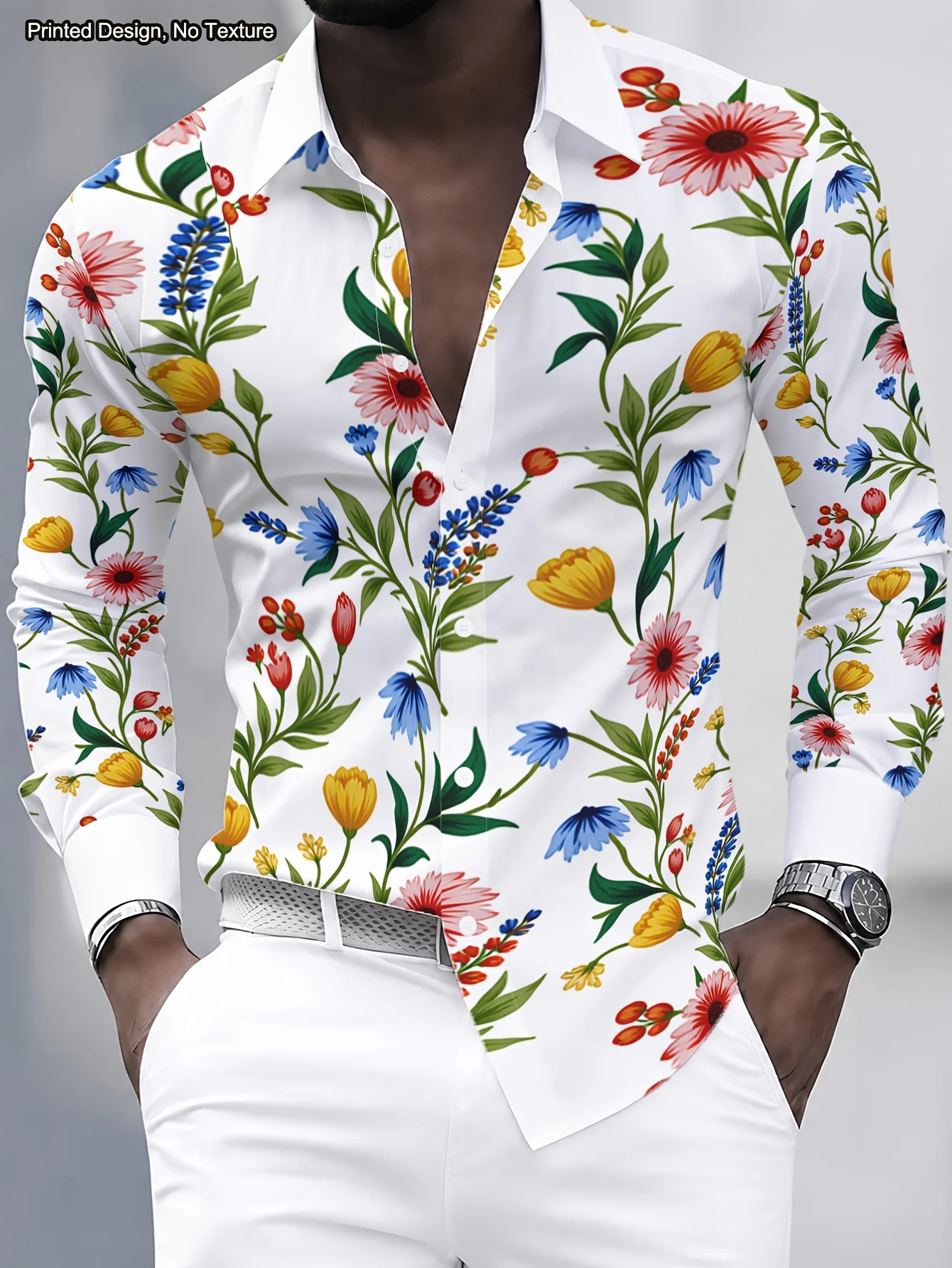 Men Colorful Floral Plant Print Long Sleeve Shirt Turn‑down Collar Button Up Casual Holiday Beach Dress Shirts
