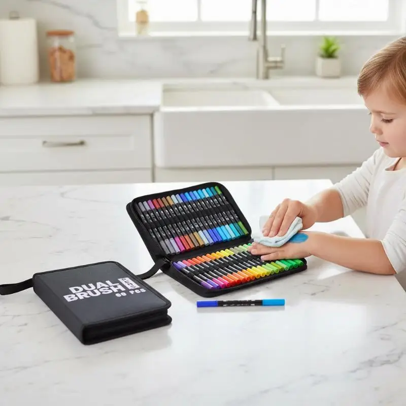 Dual Tip Brush Pen Set 60 Vibrant Colors Portable Case For Coloring Drawing Calligraphy Art Projects