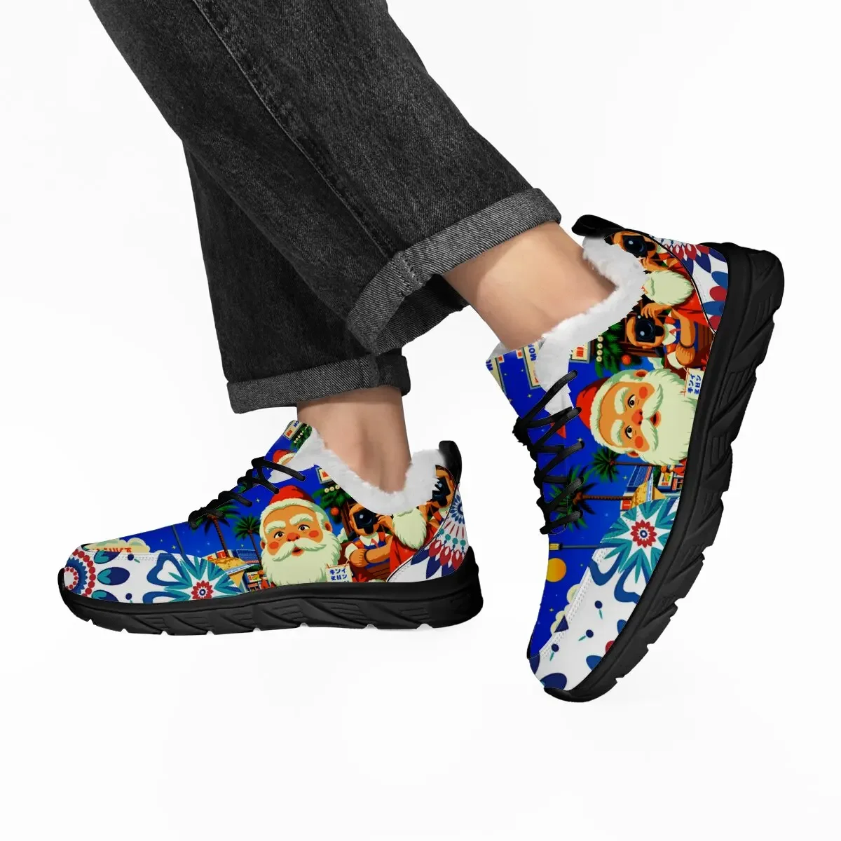 

Winter Warm Lace-up Running Shoes for Women Casual Sports Shoes for Men Santa Claus Floral Pattern Fleece Lined Athletic Shoes