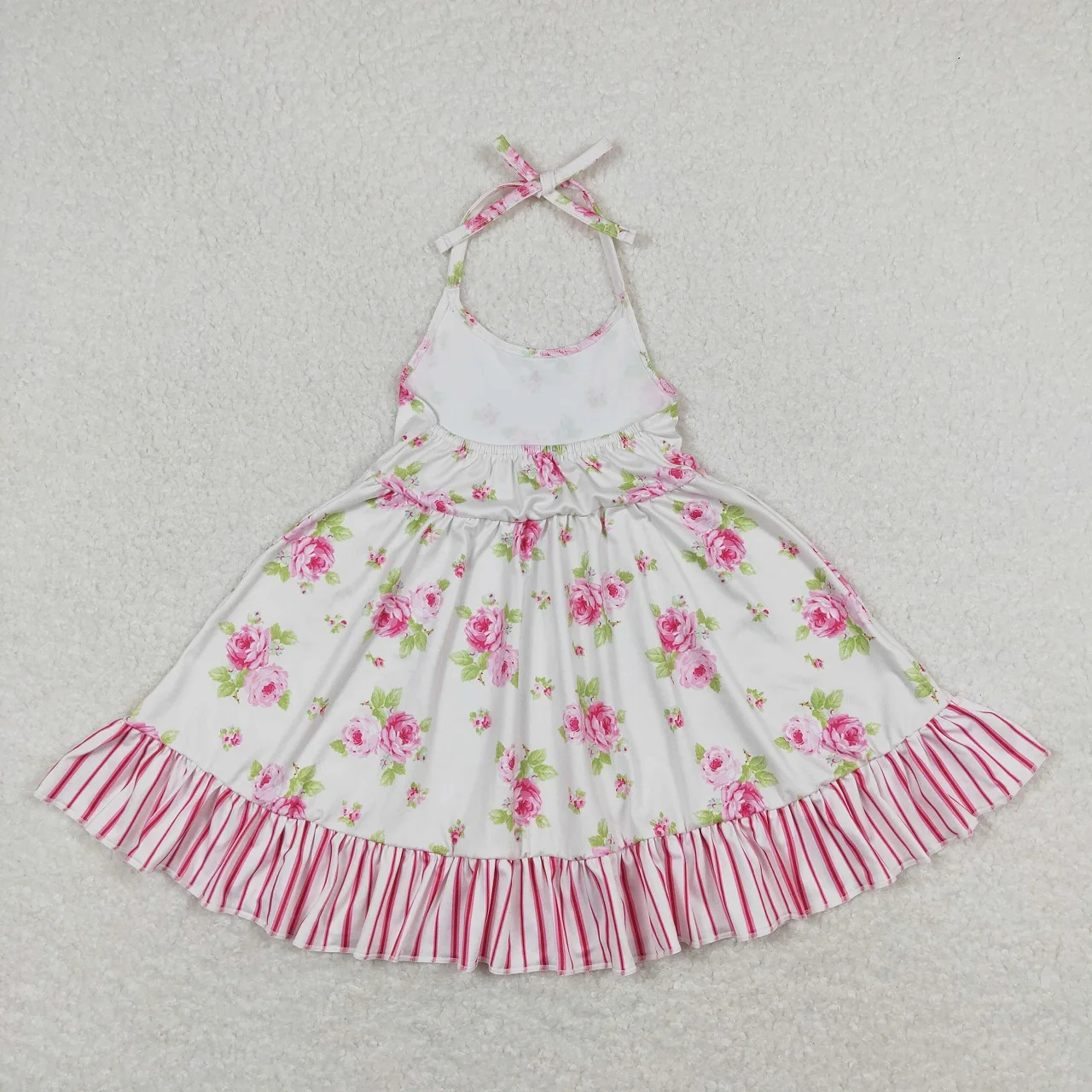 Wholesale Baby Girl Summer Sleeveless Stripes Ruffle Flower Dress Toddler Knee Length One Piece Kids Children Floral Clothing image 2