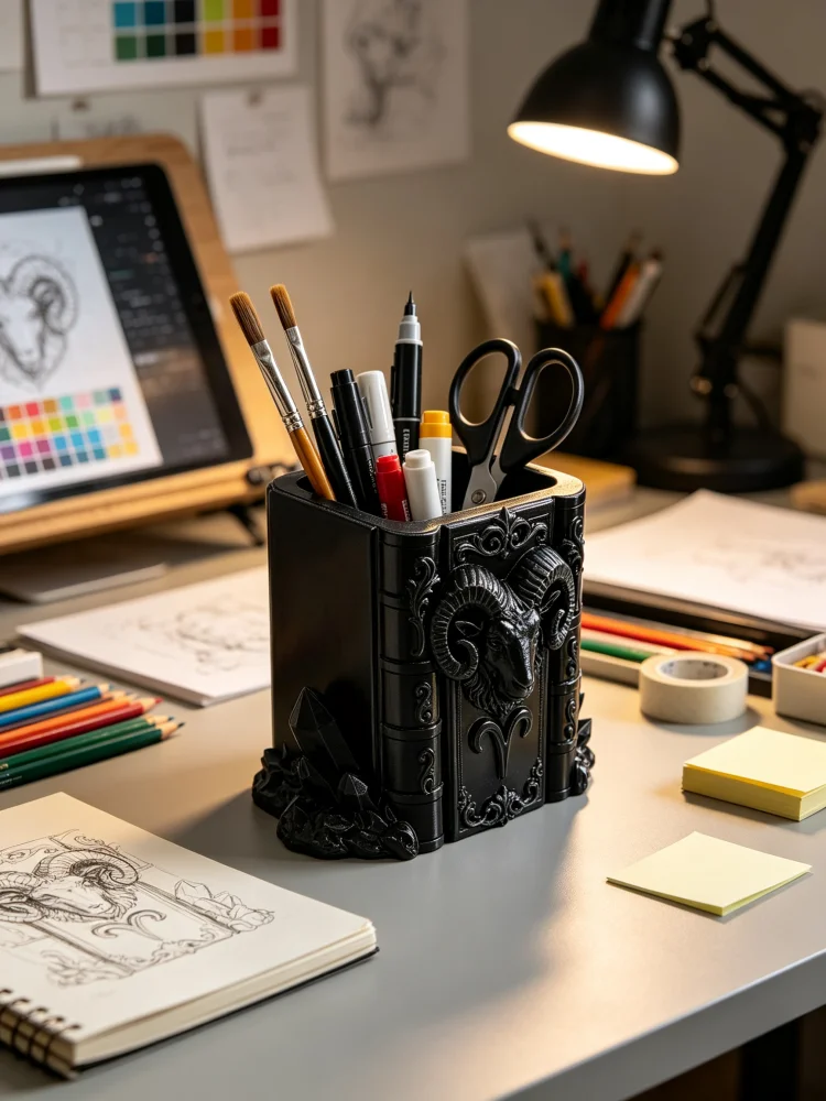 Gothic-Style Desktop Storage Rack with Goat Head Pen Holder, Vintage Book-Shaped Ram Head Pen Holder, Mysterious Crystal Design with Retro Engraving Patterns, Aries Constellation Desktop Ornament, Petg Matte Black Material, Sturdy and Durable, Large Capacity with Stable Base, Multifunctional Pen Container to Store Fountain Pens, Pencils, and Stamps, Suitable for Office Desk, Study Room, Student Desk, Dark Aesthetic Room Decoration, Unique and Cool Desktop Ornament, Creative Office Supplies, Great Gift Item