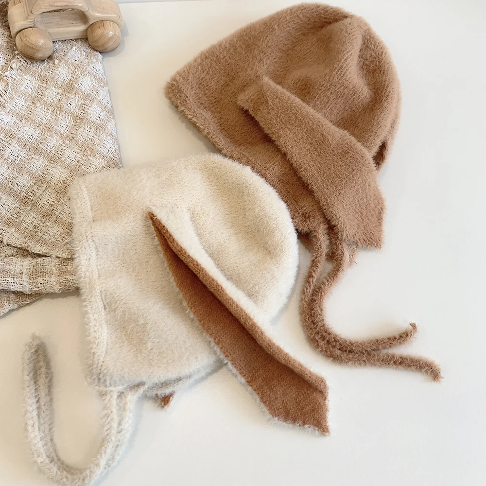 Cute Baby Hat Winter Long Rabbit Ears Soft Plush Warm Cap Kids Girls Rabbit Fur Skullies berretti cappello lavorato a maglia Toddler Bonnet
