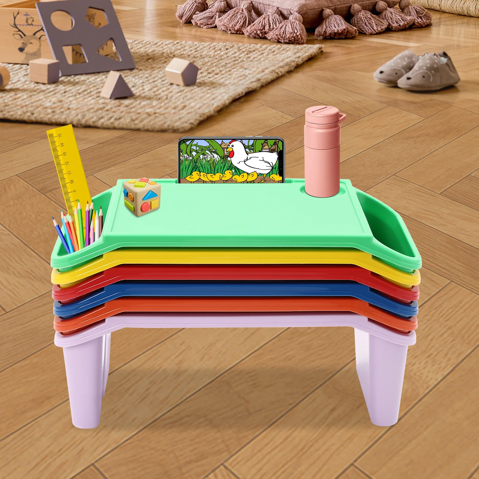6Pcs Color Children's Laptop with Side Storage Multifunctional Movable Dining Table Suitable for Kindergartens and Families